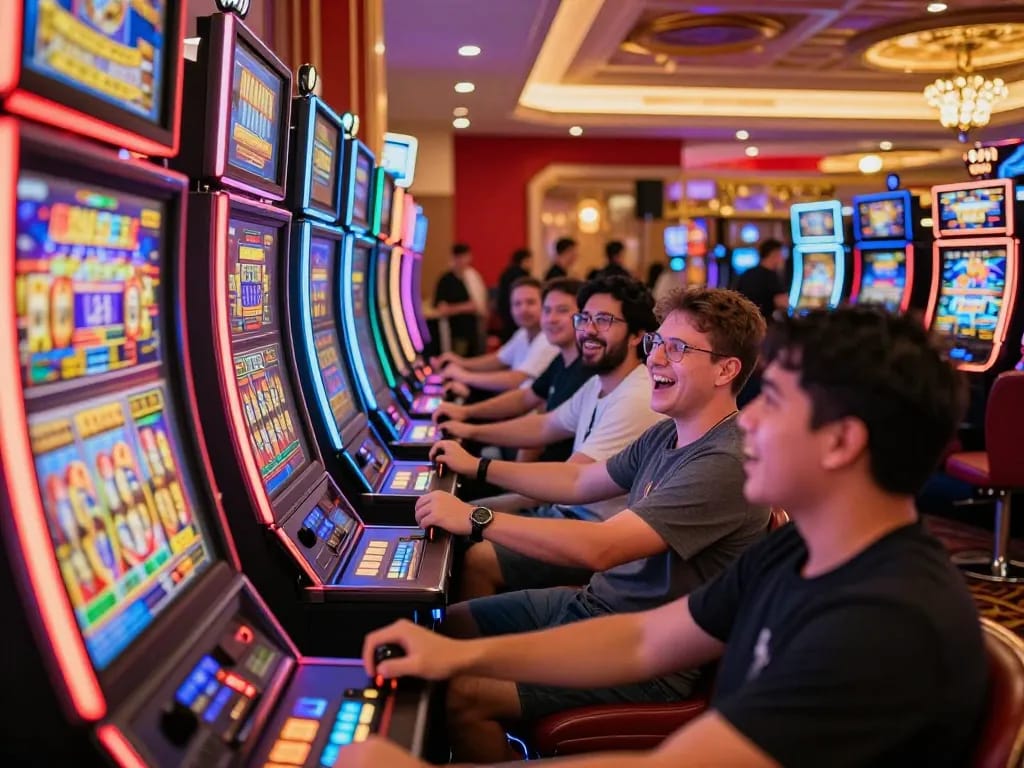 Exciting players winning at colorful 8xbet slot machines in a lively casino.