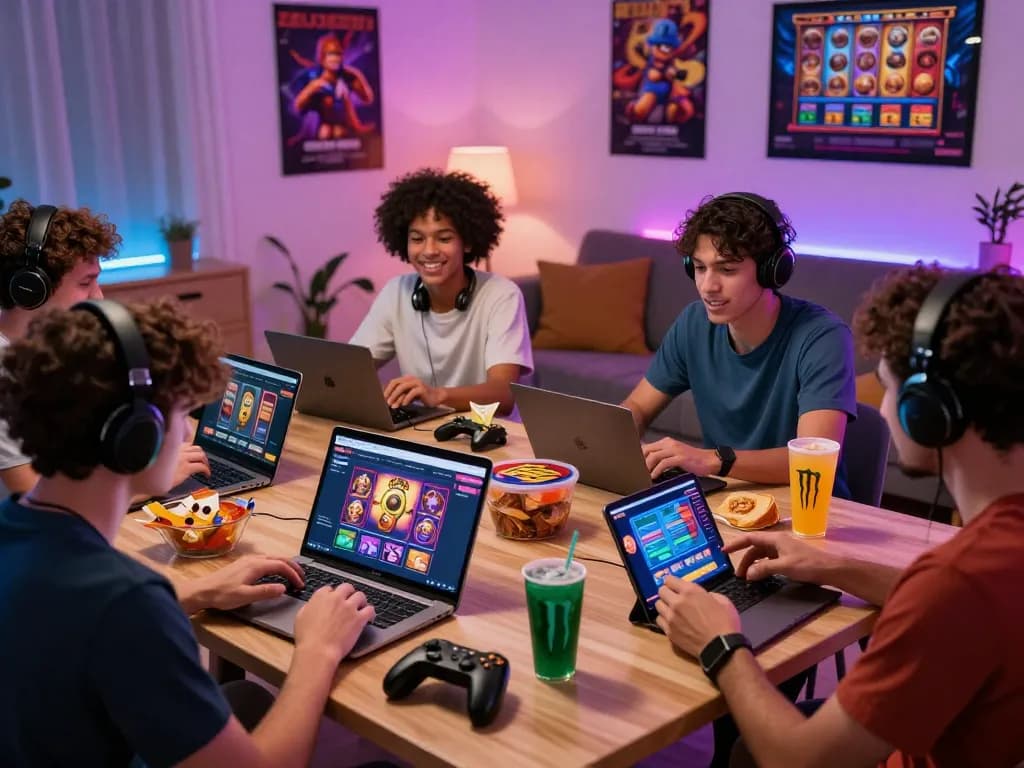 Excited players exploring Zeus138 online gaming platform with laptops and snacks in a lively atmosphere.