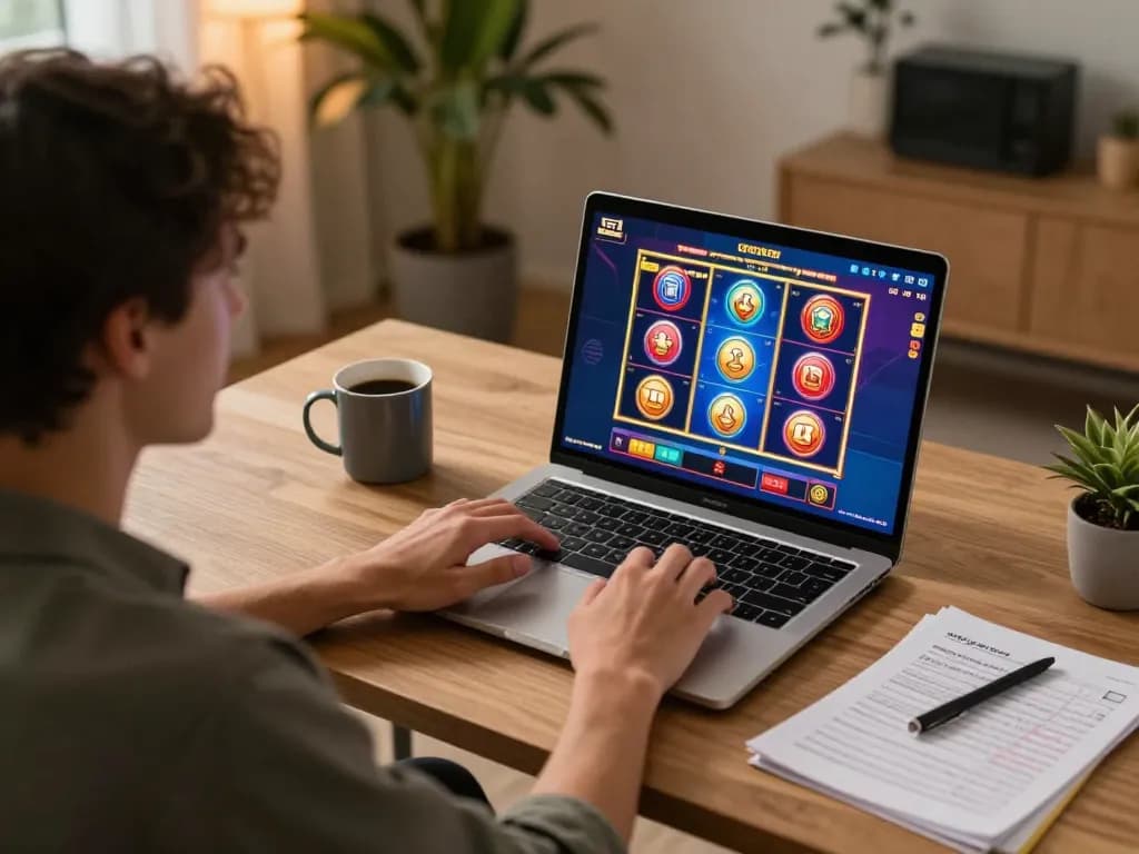 Engaging scene of a player enjoying slot online gaming from a cozy home setup, showcasing excitement and strategic elements.