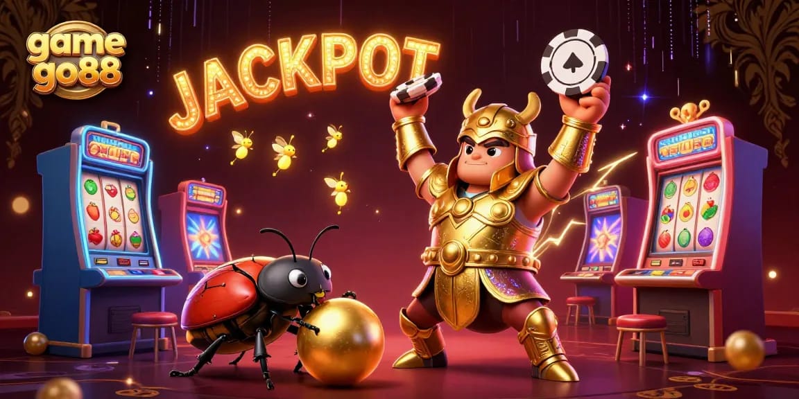 Join the excitement of game go88 with a dynamic illustration of poker and slot elements in action.