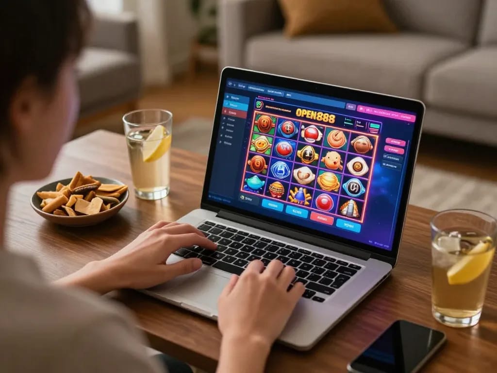 Engaging gameplay at open888 online casino on laptop with vibrant slots interface