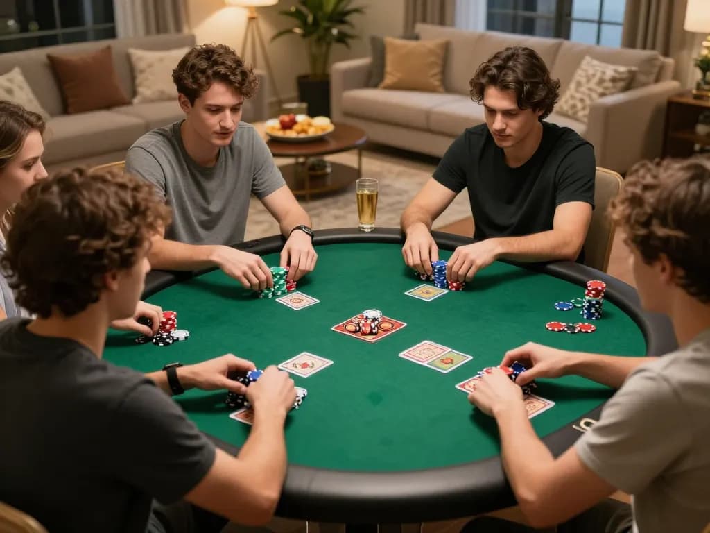 Friends enjoying a poker night at home with 388bet themed poker chips and strategy