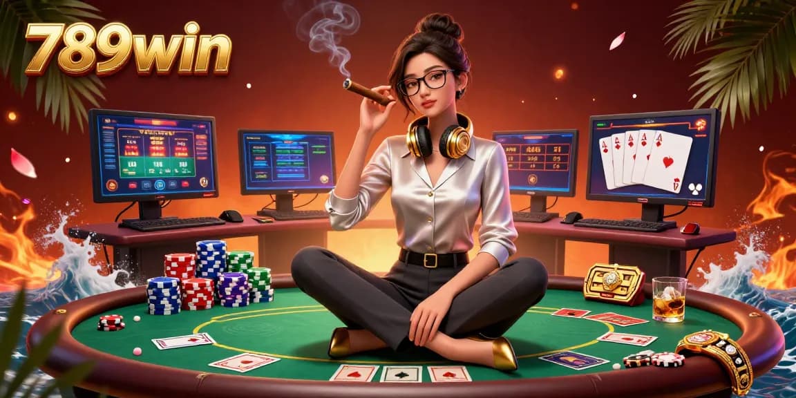 Bet on 789win with a stunning illustration showcasing casino games, poker chips, and vibrant graphics.