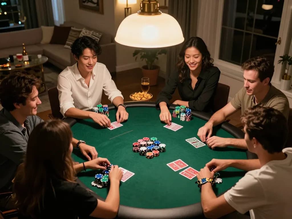 bl555 players enjoying an exciting poker night with friends around a colorful table full of chips and cards.