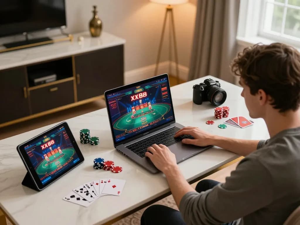 Person enjoying an online xx88 casino game on a stylish laptop while maintaining responsible gaming