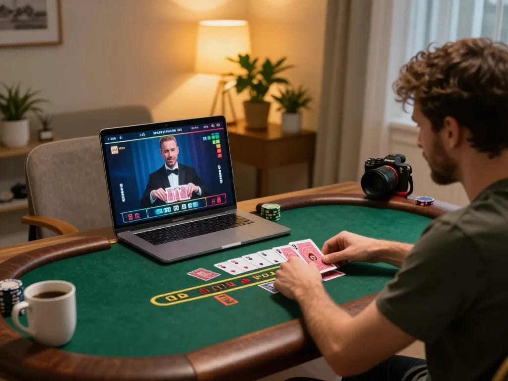 Kuwin player enjoying live dealer blackjack from home, engaging in responsible online gambling