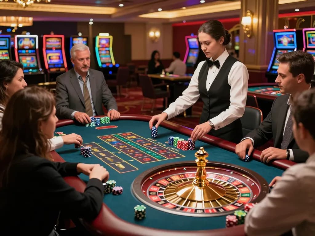RR88 apk roulette action with players placing bets and croupier managing the game in a vibrant casino ambiance.
