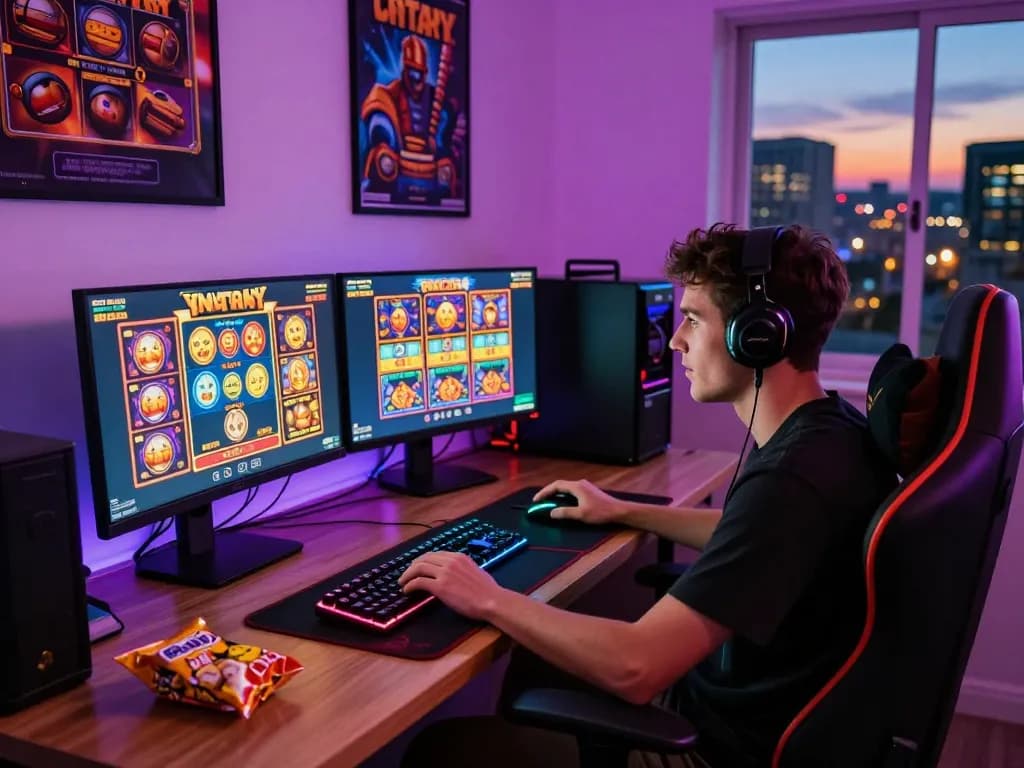 Suasana permainan yang menarik menampilkan seorang gamer yang menikmati permainan slot gampang menang di desktop dikelilingi oleh suasana ceria dan aksesori.