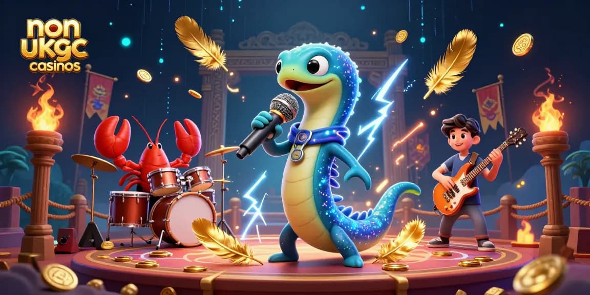 Engaging 3D scene of non ukgc casinos featuring a DJ electric eel, surrounded by vibrant casino elements.