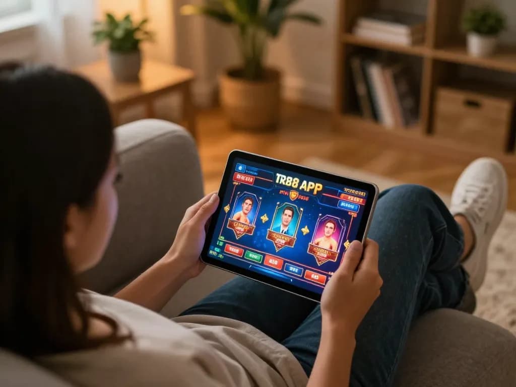 Enjoying RR88 apk while playing casino games on a tablet in a cozy living room