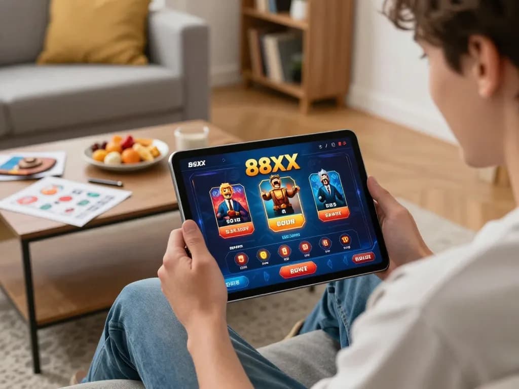 Engaging in online gaming at 88xx, a user enjoys a thrilling casino experience in a cozy home setting.