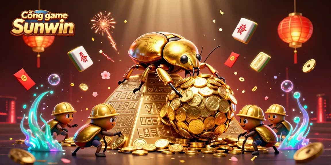 Cổng game Sunwin offers immersive gaming experiences with a golden dung beetle rolling coins, surrounded by festive decorations.