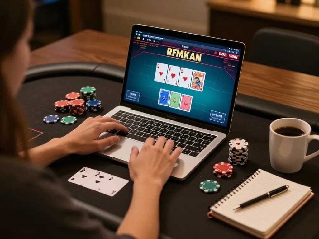 uu88 player engaging in online poker on a laptop at home, showcasing strategic betting