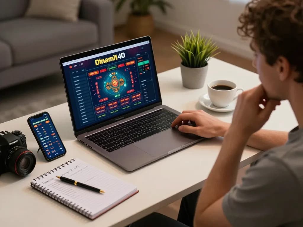 Engaged player using Dinamit4D on a laptop for online casino gaming, with strategic notes nearby.