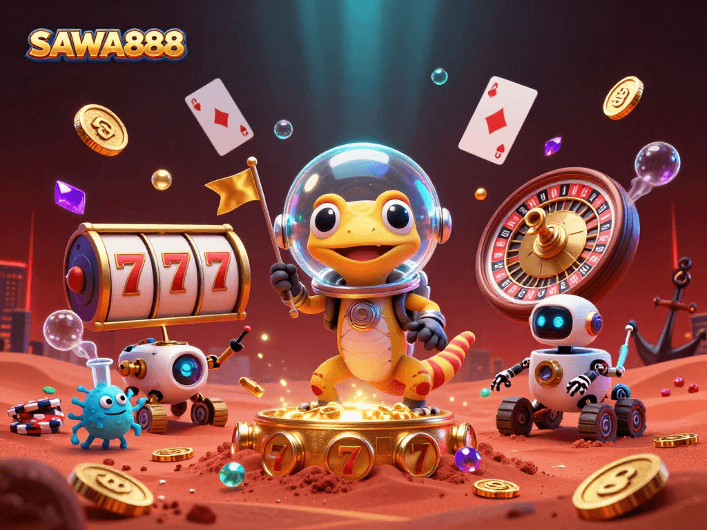 Experience thrilling wins at SAWA888's vibrant casino atmosphere with dynamic slot reels and lucky 7s.