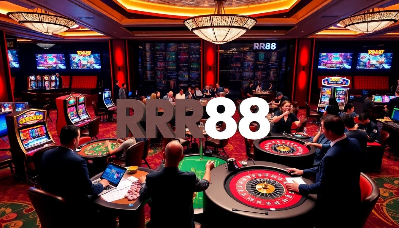 Exciting casino atmosphere at RR88 with vibrant tables, slot machines, and players.