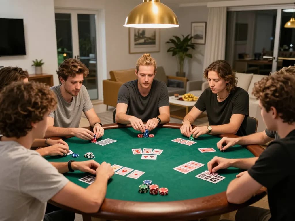 Malam poker yang menarik di rumah dengan pemain ramah mendiskusikan strategi, aksi bandar togel terlihat.