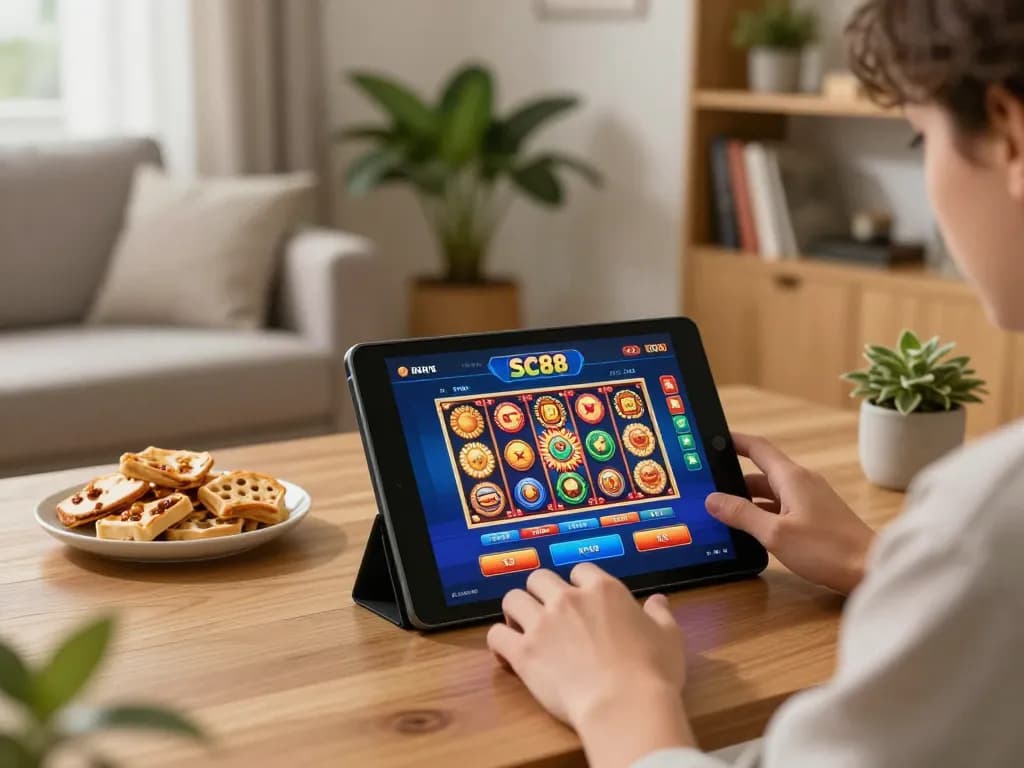 Engaging in SC88 online casino gaming from a cozy home setup with tablet, showcasing vibrant game graphics.