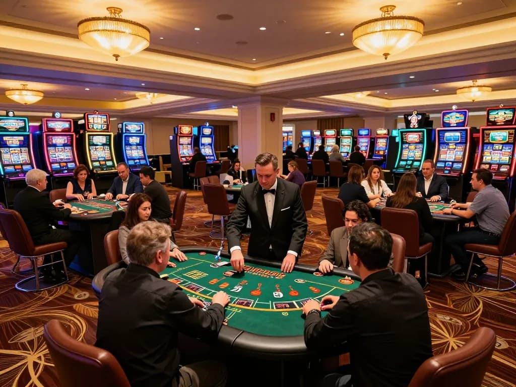 Players enjoy a thrilling game of blackjack at VSBET's upscale casino with professional dealers in action.