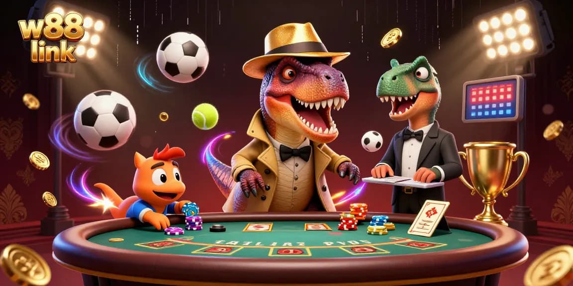 Experience the excitement of betting with W88 link, depicted in a vibrant 3D illustration with dynamic elements.