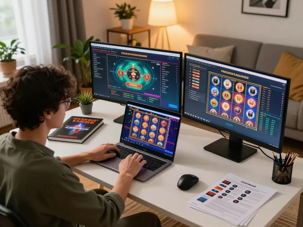 mm88 gaming setup with player focused on vibrant slot game in modern home office environment.
