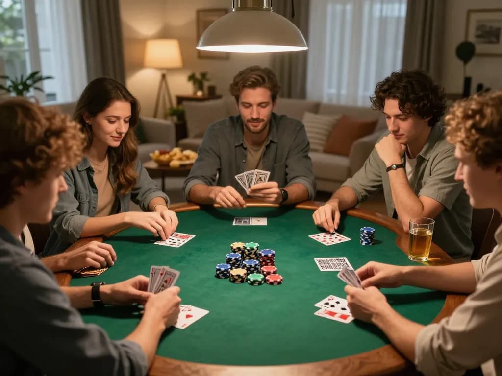 Friends enjoy a poker night at home, featuring rik vip gaming atmosphere, strategy in action.
