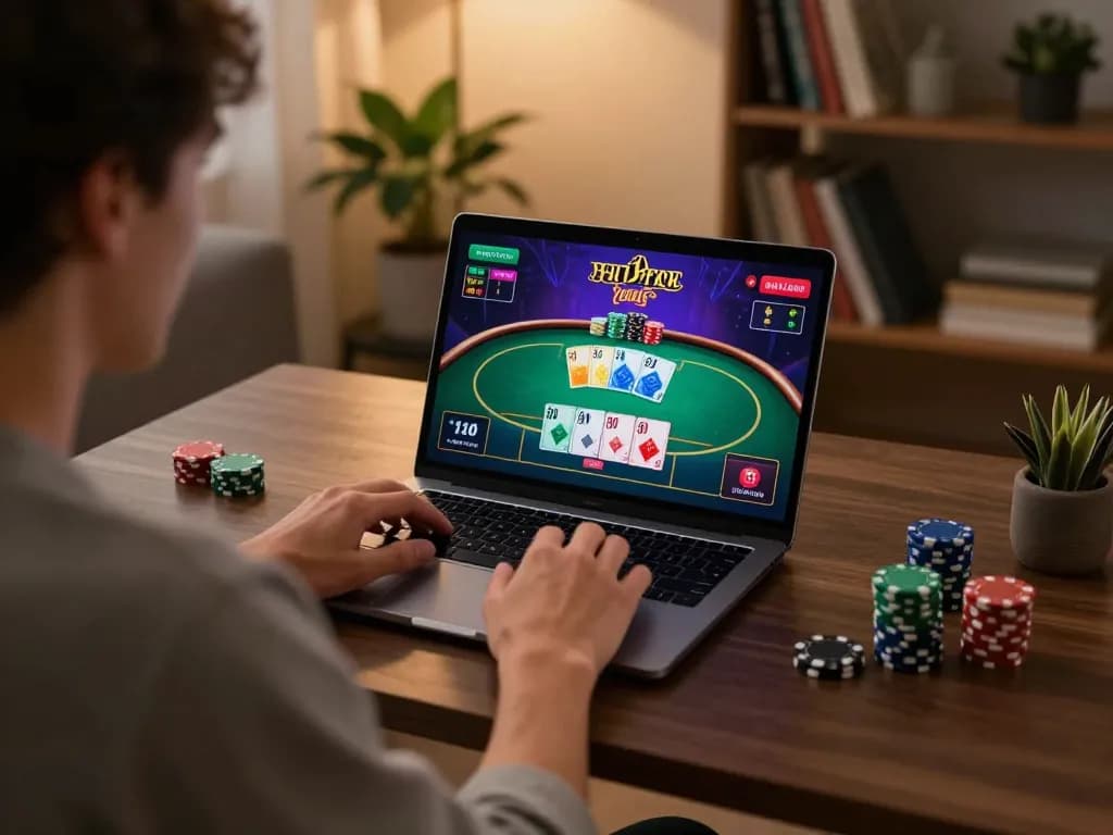 Engaging in a 68win online casino game with colorful poker cards and chips displayed.