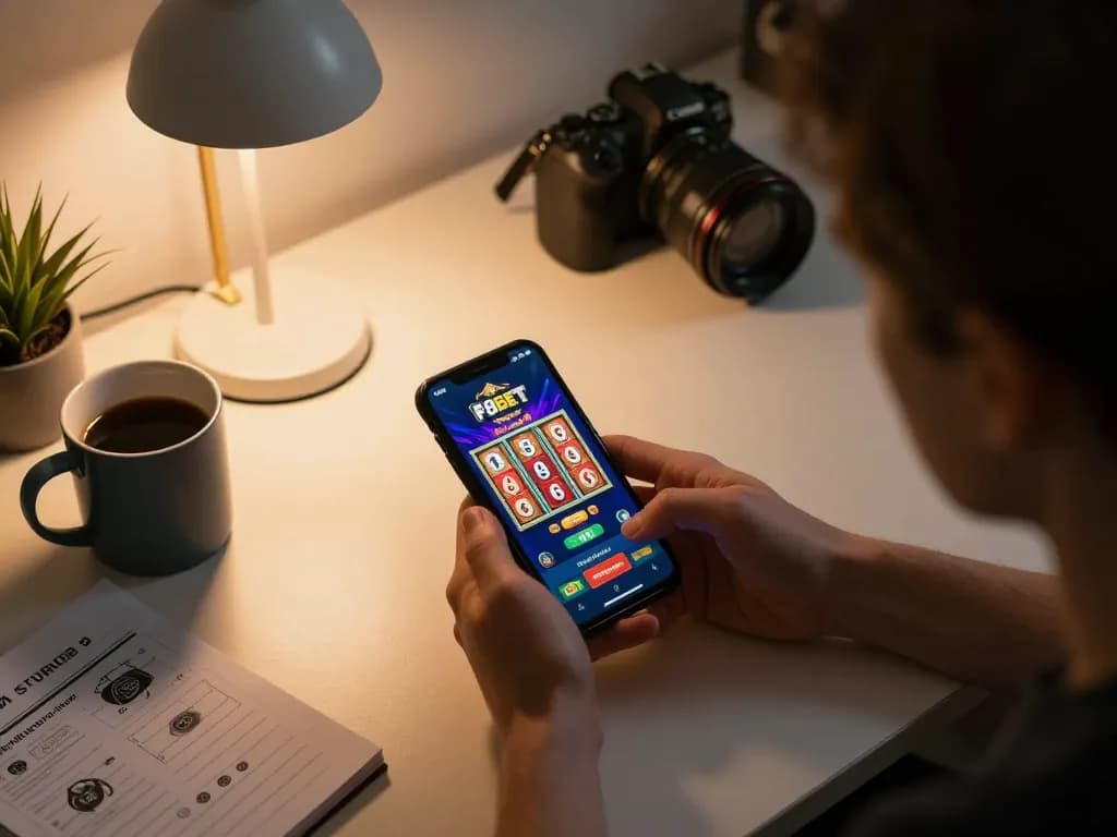 Engaging online gaming session with F8BET app showcasing vibrant slots and cozy home office.