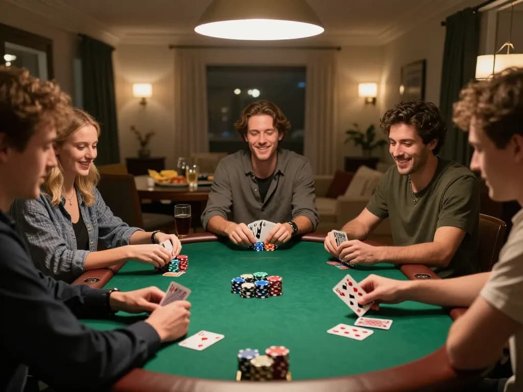 Friend group enjoying a thrilling poker night at home, showcasing camaraderie and strategic gameplay with sc88.