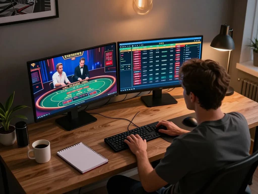 cm88 player engaging with live dealer game on dual monitors in cozy home office