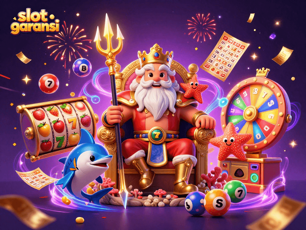 Engage with slot garansi featuring Neptune and dynamic gaming elements in a vibrant casino illustration.
