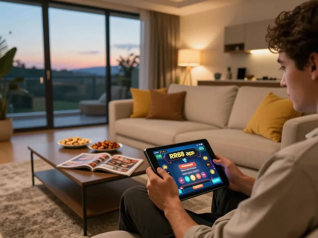 Player accessing RR88 apk for online gaming in a cozy home setup, tablet showing casino interface.