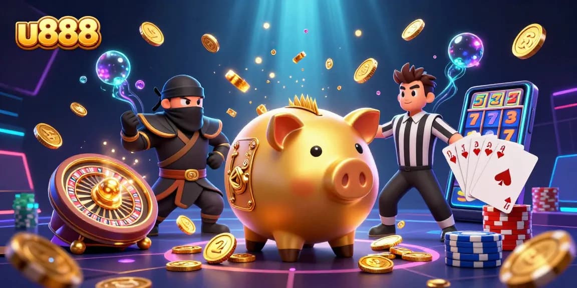Experience thrilling gaming moments with u888's dynamic online casino scene, showcasing high-energy characters and sparkling effects.