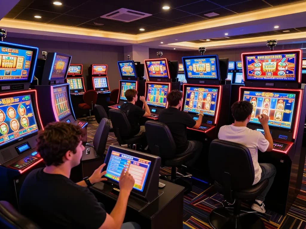 Players engaging in exciting gameplay at nk88 online casino with colorful slot machines.