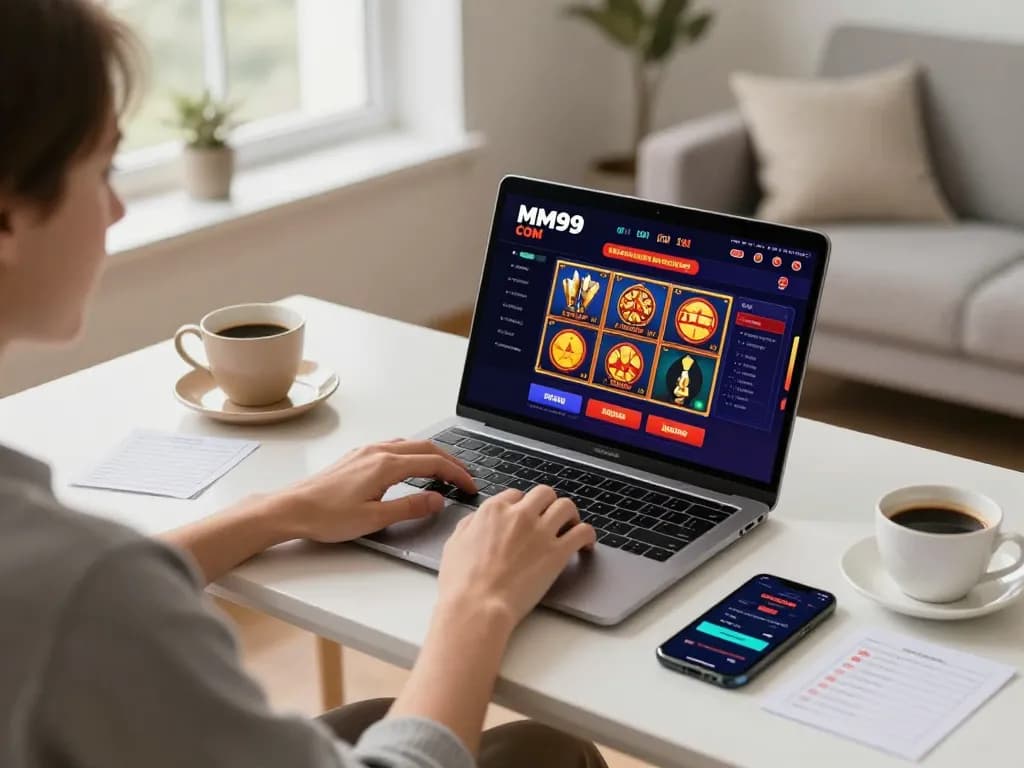 Person engaging with MM99 COM for online gaming strategies in a cozy setup.