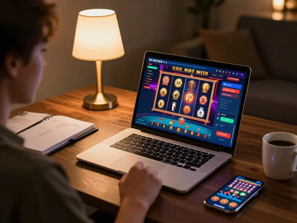 Engaging i9BET online gaming scene with a player focused on a vibrant casino interface on their laptop.