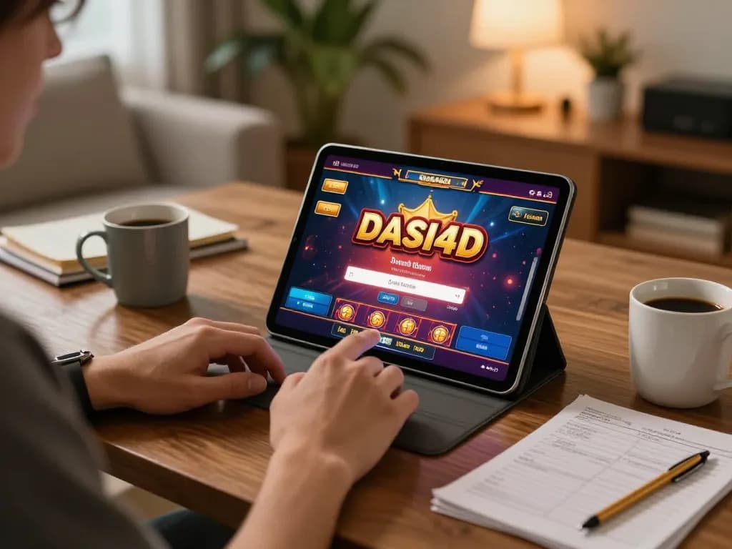 Pengalaman login DASI4D yang menampilkan pemain berinteraksi dengan permainan slot yang hidup di tablet dari rumah.