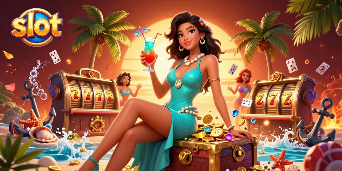 Spin the slot reels and win big in a colorful beach casino scene with games and glamour.