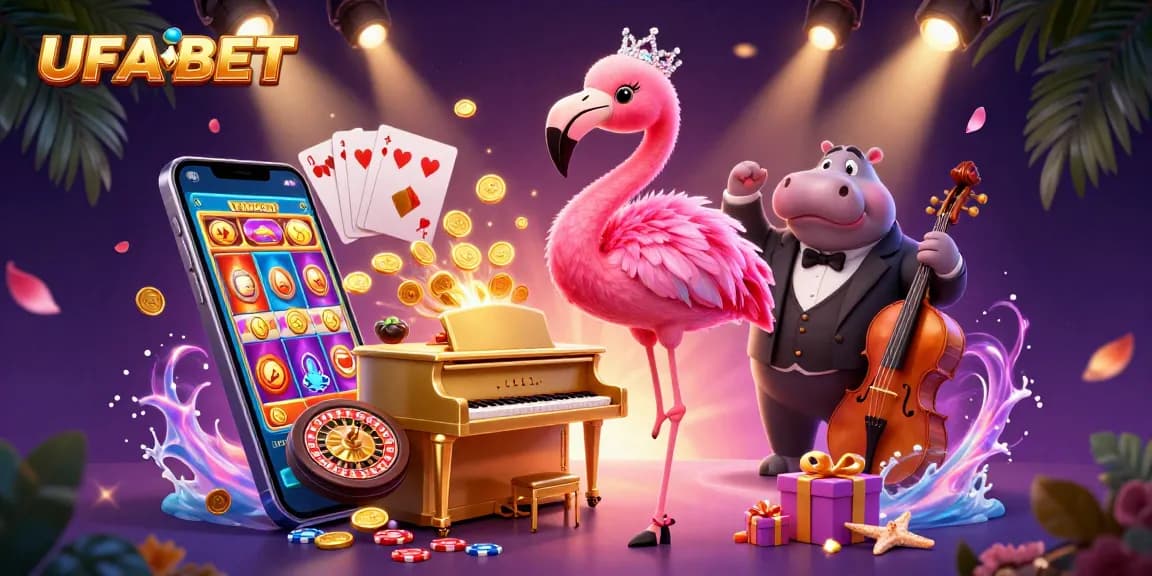 Experience thrilling games with UFABET's vibrant casino scene, featuring singing flamingos and spinning slot reels.