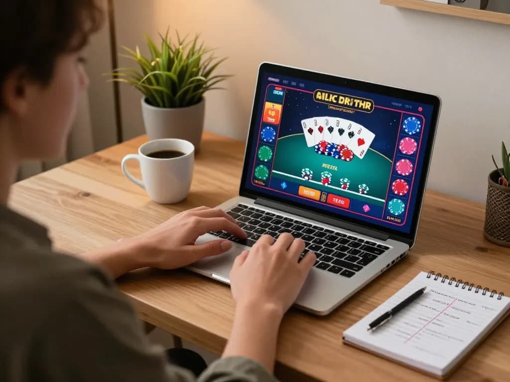 Player experiencing gem88 com online poker game with strategy notes in cozy home setting