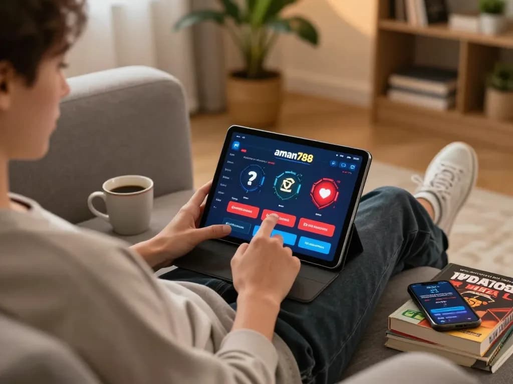 Bermain di platform aman788 dalam suasana rumah yang nyaman, menampilkan antarmuka tablet dan bahan strategi.