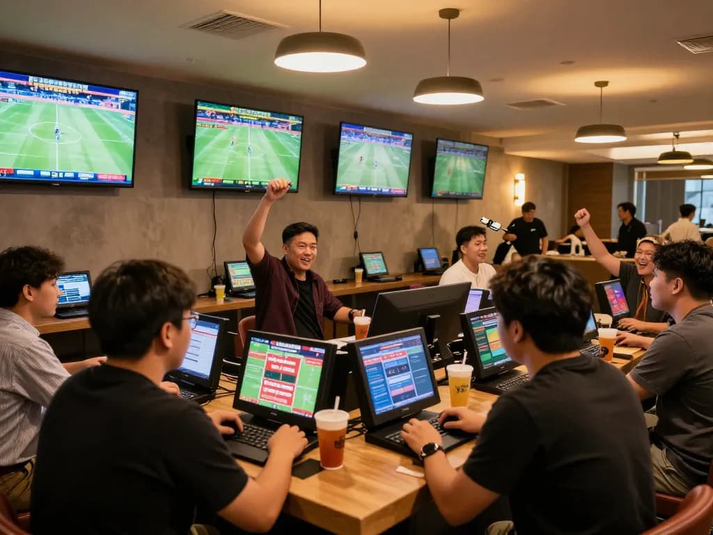Penjudi terlibat yang memasang taruhan menggunakan aplikasi bintangmpo, suasana lounge taruhan olahraga yang hidup dengan dekorasi modern.