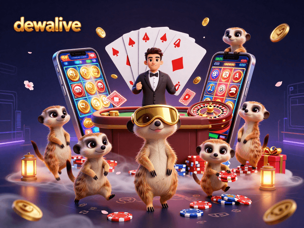 Melihat dewalive dari koloni meerkat 3D sedang mengoperasikan kasino dengan penuh warna dan aksi.