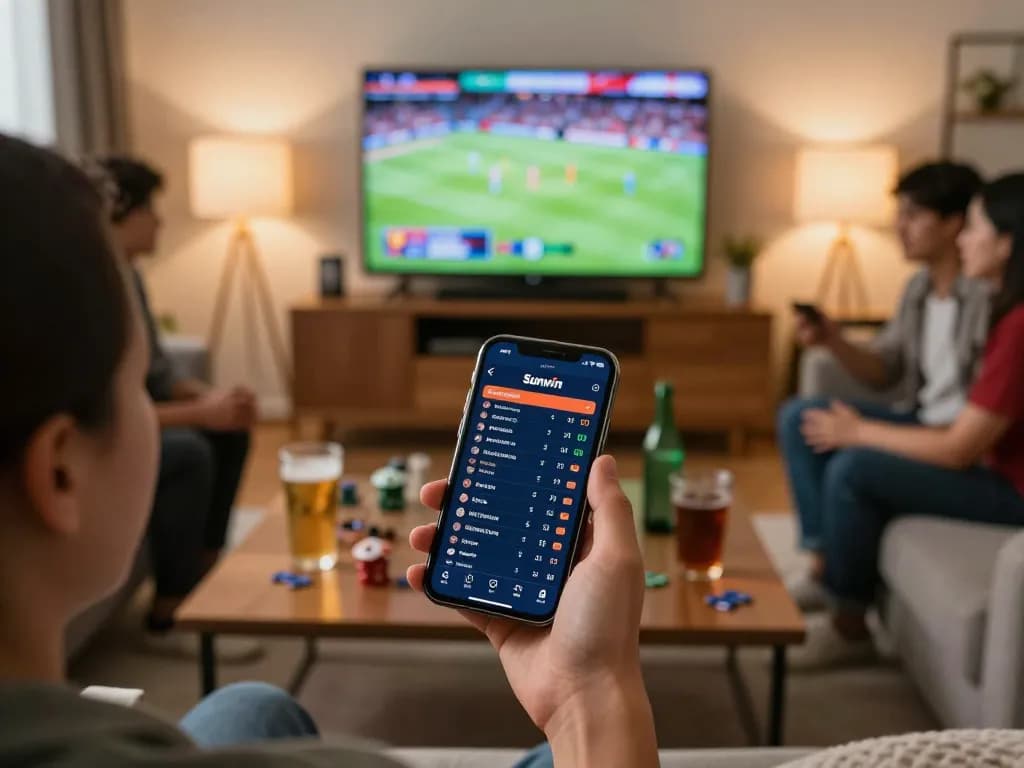 Players engaging with the Sunwin app for live sports betting in a cozy living room setting.