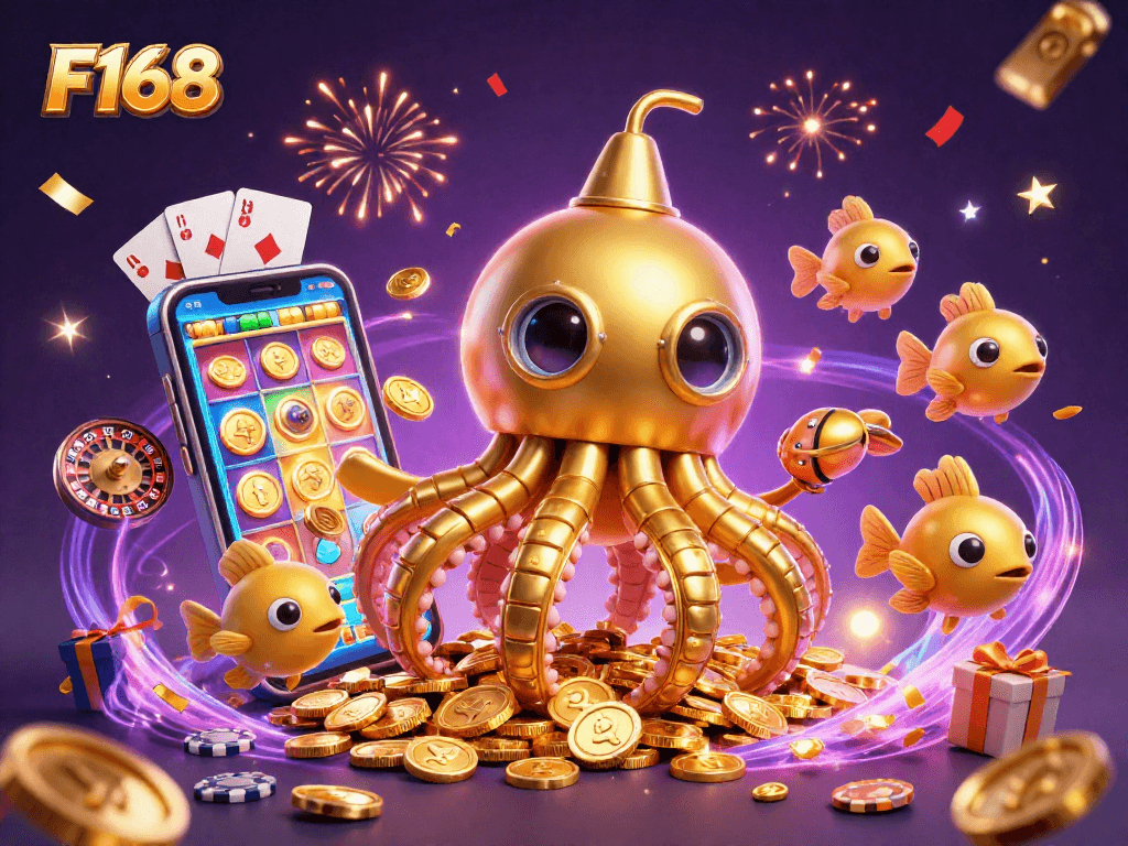 Engage in thrilling gameplay at F168 with an extravagant scene of a golden kraken submarine amid a treasure of coins.