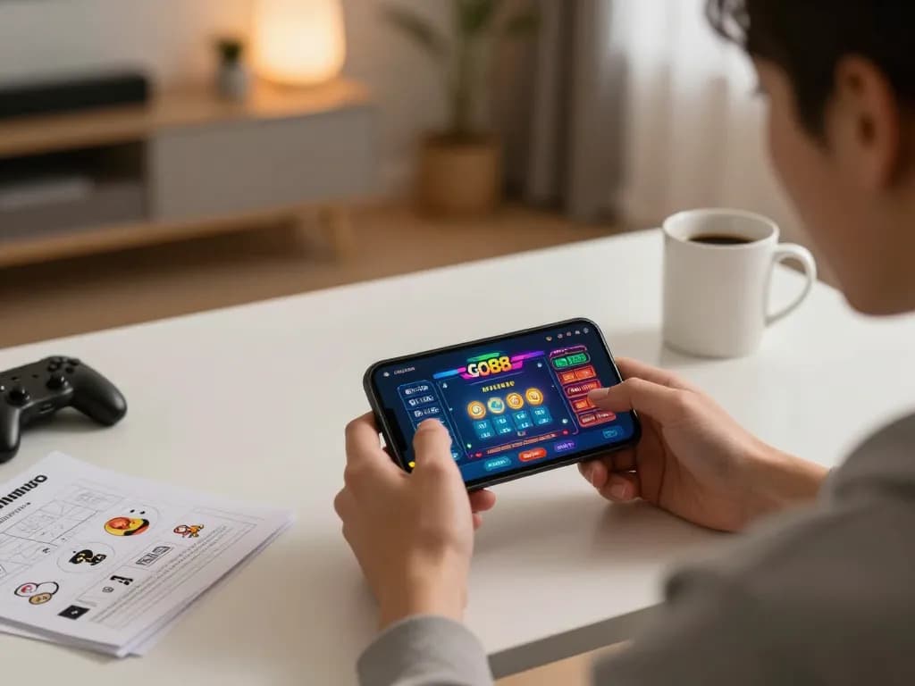 Player using GO88 app for online gambling in a cozy home environment, showcasing engaging gameplay.
