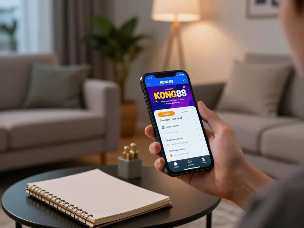 KONG88 app showcased on smartphone during a cozy online gaming session at home.