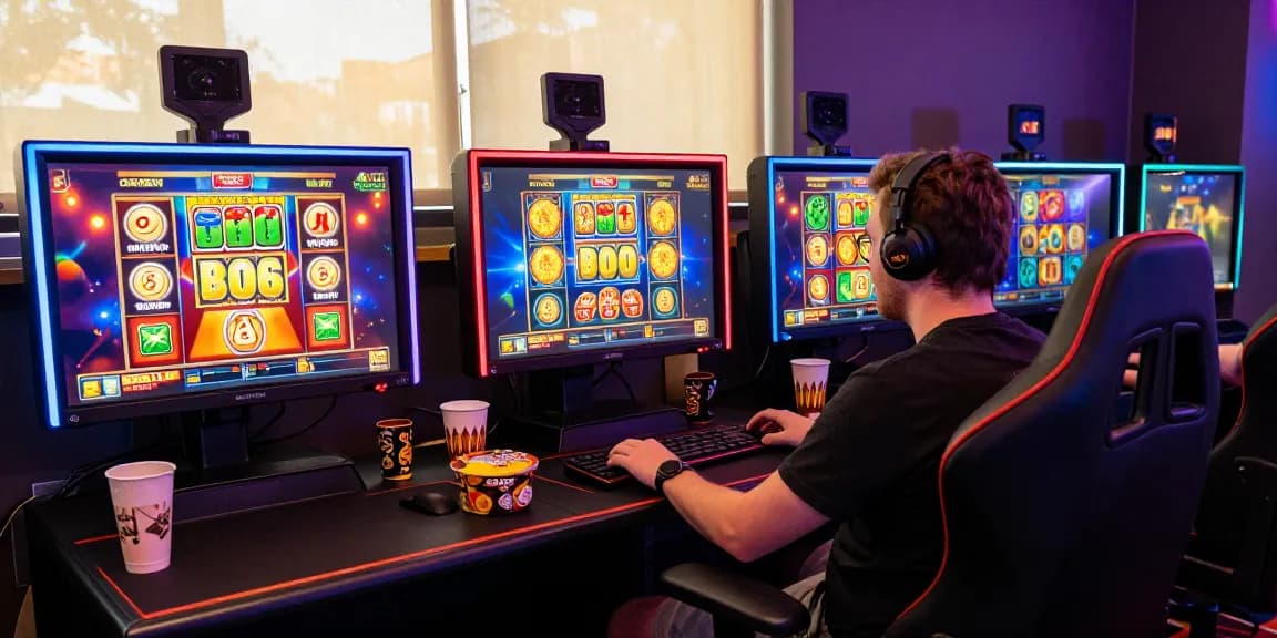 Engaged player enjoying bonus buy slots UK at modern gaming setup, enhanced experience with vibrant visuals.