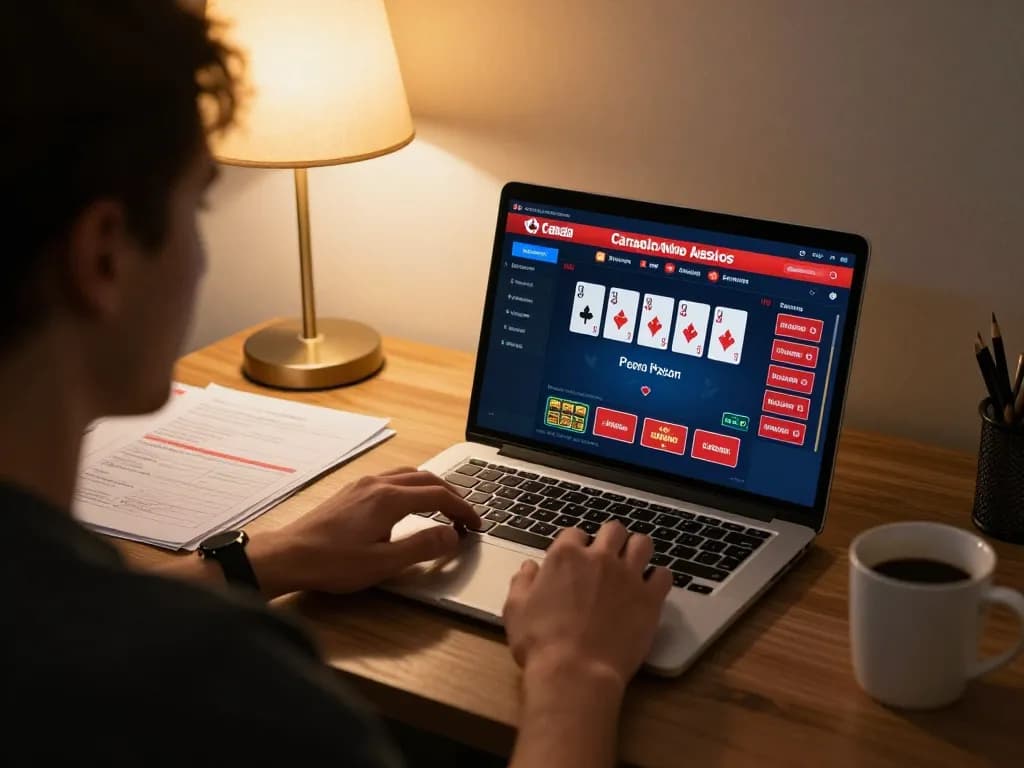 Engaged player at home enjoying Canada online casinos, showing poker gameplay on a laptop