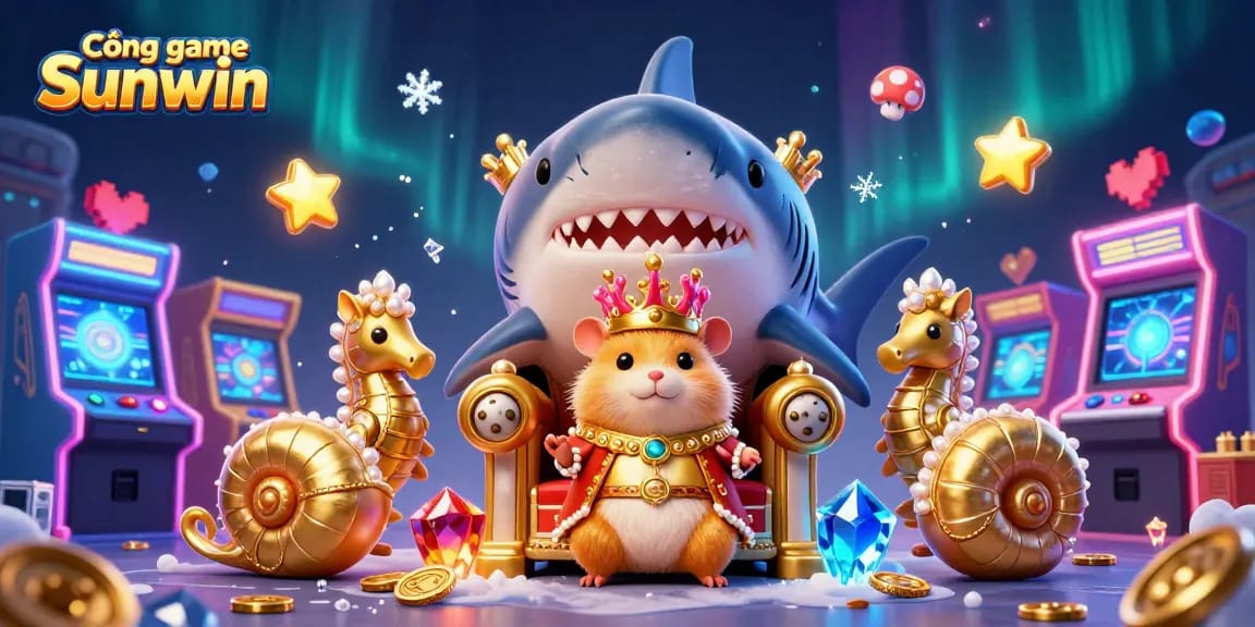 Cổng game Sunwin showcases a vibrant 3D casino scene with a tiny golden hamster king and dynamic gaming elements.